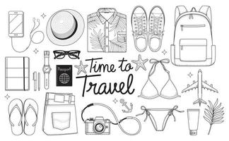 Time to travel concept. Travel objects flat lay drawing style vector illustration background.