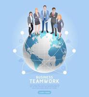 concepto de trabajo en equipo empresarial. empresarios y empresarias de pie en el mundo. ilustración vectorial. vector