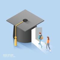 Male and female students walk to the door in square academic cap. Vector isometric illustration.