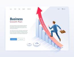 Business growth plan website UI UX design. Businessman running on red arrow and infographic isometric elements. vector