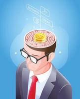 laberinto cerebral con moneda de oro en la cabeza del empresario. diseño conceptual de ilustraciones vectoriales. vector