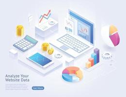 Analyze website application development vector isometric illustrations.