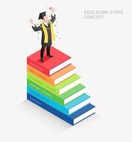 Graduado tiene rollo de diploma de pie en la ilustración de vector isométrica de escaleras de libro. libros paso educación línea de tiempo diseño conceptual. se puede utilizar para diseño de flujo de trabajo, banner, diagrama, opciones numéricas, opciones de intensificación, diseño web e infografías.