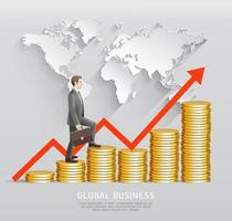 Global business concept. Businessman climbing up on gold cions with red arrow and world map. vector