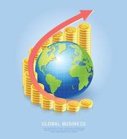 Global business concept background. Gold coin stack growing up with red arrow and globe. vector