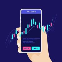 Mobile stock market trading. Man's hand holds a smartphone with trade charts. Forex trading using a mobile phone anywhere. vector