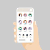 Hand holding mobile phone with audio chat social network application. vector