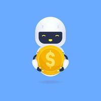 White friendly robot holding a gold coin. vector