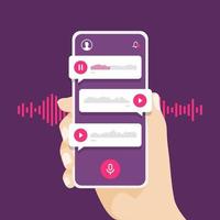 Hand holding smartphone with voice message. Social audio app. vector