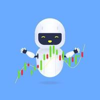 White friendly robot with forex charts. The trading robot monitors the movement of the stock value on the candlestick chart. vector