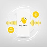 Smartphone with waving hand, text Drop-in audio and microphone. Audio chat social network application on a mobile phone. vector