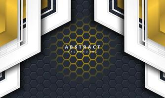 3D abstract gold light hexagonal background with gold and white frame shapes. vector