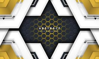 3D abstract gold light hexagonal background with gold and white frame shapes. vector