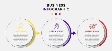 Plantilla mínima de infografías de negocios. línea de tiempo con 3 pasos, opciones e iconos de marketing. Infografía lineal de vector con dos elementos conectados en círculo. se puede utilizar para presentaciones.