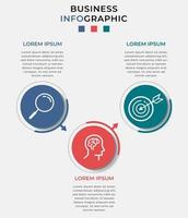 Plantilla mínima de infografías de negocios. línea de tiempo con 3 pasos, opciones e iconos de marketing. Infografía lineal de vector con dos elementos conectados en círculo. se puede utilizar para presentaciones.