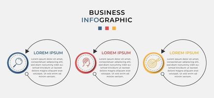 Plantilla mínima de infografías de negocios. línea de tiempo con 3 pasos, opciones e iconos de marketing. Infografía lineal de vector con dos elementos conectados en círculo. se puede utilizar para presentaciones.