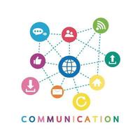 Vector illustration of a communication concept. The word communication with colorful dialog speech bubbles