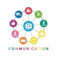 Vector illustration of a communication concept. The word communication with colorful dialog speech bubbles