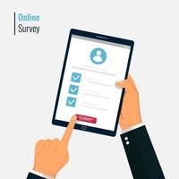 Survey form online vector illustration. Hand holding and fill questionnaire on tablet screen. quiz form idea, interview assessment, passed questionnaire, isolated on color background.