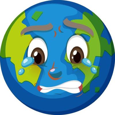 Earth cartoon character with crying face expression on white background