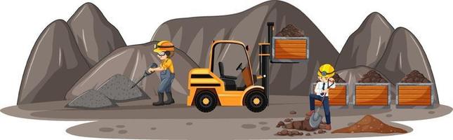 Coal mining scene with construction trucks and people vector