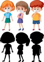 Set of different kids wearing mask cartoon character with silhouette vector