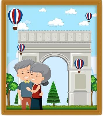 A picture of old couple with Arc de Triomphe