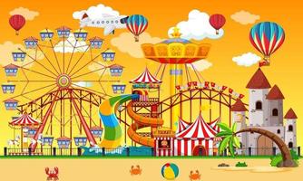 Escena del parque de atracciones durante el día con globos en el cielo. vector