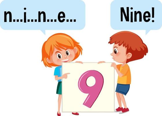 Cartoon character of two kids spelling the number nine