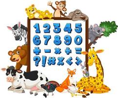 Número 0 a 9 y símbolos matemáticos en banner con animales salvajes. vector