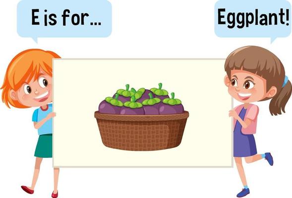 Cartoon character of two kids spelling fruit vocabulary