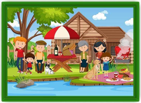 Happy family picnic outdoor scene photo in a frame