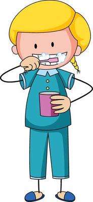 Little girl brushing teeth doodle cartoon character isolated