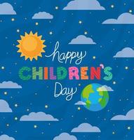 feliz día del niño con diseño de vector de sol, mundo y nubes