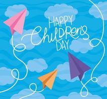 feliz día del niño con aviones de papel y diseño vectorial de nubes vector