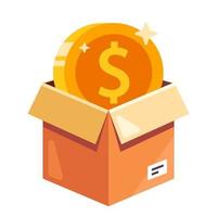 an open box containing a gold coin. send a coin for collection by mail. flat vector illustration.