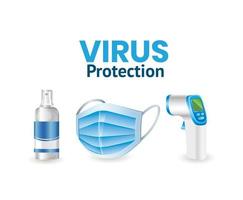 protección antivirus covid 19 con spray desinfectante, mascarilla y termómetro electrónico vector