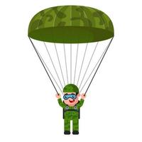 paracaidista en uniforme militar caqui. descenso en paracaídas. color verde. ilustración vectorial plana.