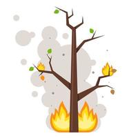 burnt tree. flame on the branches. clouds of smoke. flat vector illustration