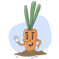 a carrot character sits in the ground and waves his hand in greeting. Flat vector illustration.