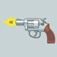 gun revolver shoots. flying bullet. fire shot. flat vector illustration