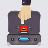 open suitcase with a red nuclear button. hand with a finger clicks on the launch of a nuclear weapon. flat vector illustration.
