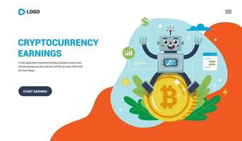 Landing page for working with bitcoin. joyful robot sitting on a coin. flat vector illustration.