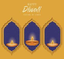 Velas de feliz diwali en diseño vectorial de windows vector