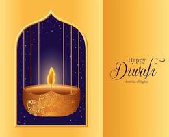 Happy diwali hanging candle in window on gold background vector design