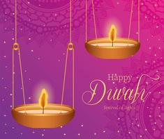 Happy diwali hanging candles on pink background vector design