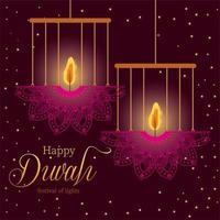 Happy diwali hanging mandalas candles on purple background vector design