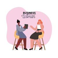 Interracial businesswomen on chairs with laptop and plants vector