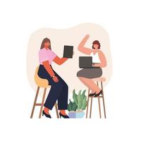 Businesswomen on chairs with laptop, tablet, and plants vector