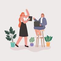 Businesswomen with laptop, tablet, and plants vector